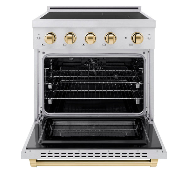 ZLINE Autograph Edition 30 in. 4.2 cu. ft. Paramount Induction Range with 4 Element Cooktop and Electric Convection Oven in Satin Stainless Steel with Polished Gold Accents, Open Box-Good Condition