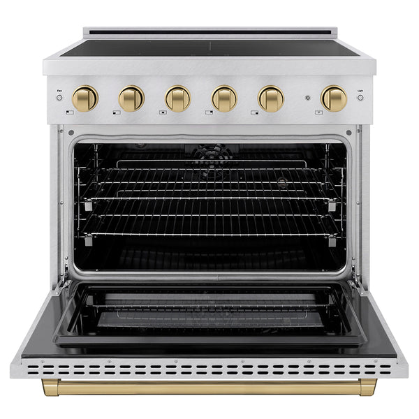 ZLINE Autograph Edition 36 in. 5.2 cu. ft. Paramount Induction Range with 5 Element Cooktop and Electric Convection Oven in Satin Stainless Steel with Champagne Bronze Accents, Open Box-Great Condition
