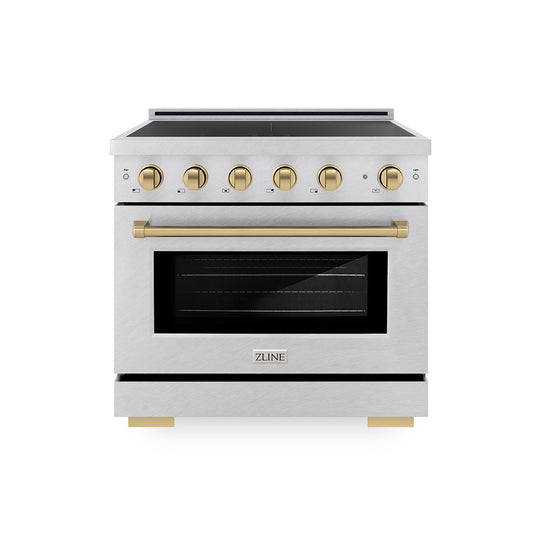 ZLINE Autograph Edition 36 in. 5.2 cu. ft. Paramount Induction Range with 5 Element Cooktop and Electric Convection Oven in Satin Stainless Steel with Champagne Bronze Accents, Open Box-Great Condition