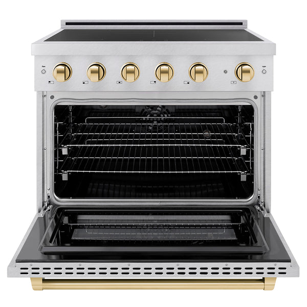 ZLINE Autograph Edition 36 in. 5.2 cu. ft. Paramount Induction Range with 5 Element Cooktop and Electric Convection Oven in Satin Stainless Steel with Polished Gold Accents, Open Box-Great Condition