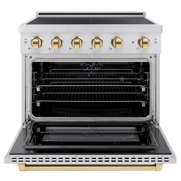 ZLINE Autograph Edition 36 in. 5.2 cu. ft. Paramount Induction Range with 5 Element Cooktop and Electric Convection Oven in Satin Stainless Steel with Polished Gold Accents (SINRSZ-36-G)