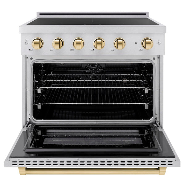 ZLINE Autograph Edition 36 in. 5.2 cu. ft. Paramount Induction Range with 5 Element Cooktop and Electric Convection Oven in Satin Stainless Steel with Polished Gold Accents, Open Box-Good Condition