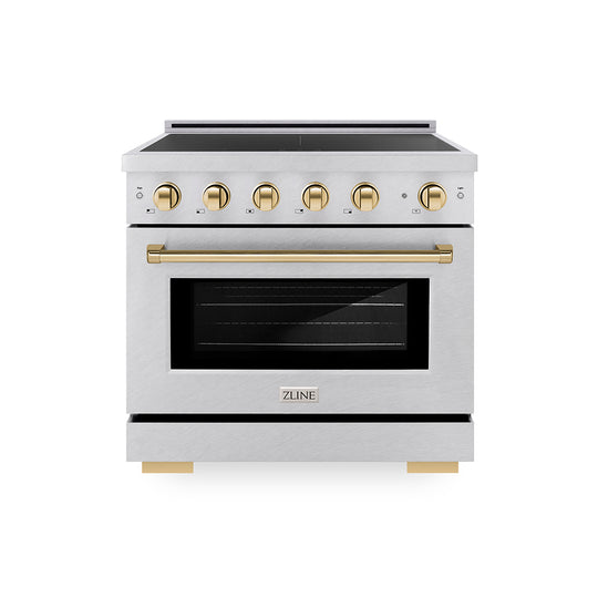 ZLINE Autograph Edition 36 in. 5.2 cu. ft. Paramount Induction Range with 5 Element Cooktop and Electric Convection Oven in Satin Stainless Steel with Polished Gold Accents, Open Box-Great Condition