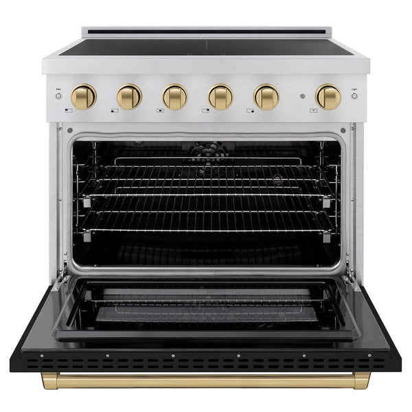 ZLINE Autograph Edition 36 in. 5.2 cu. ft. Paramount Induction Range with 5 Element Cooktop and Electric Convection Oven in Satin Stainless Steel with Black Matte Door and Champagne Bronze Accents, Open Box-Good Condition