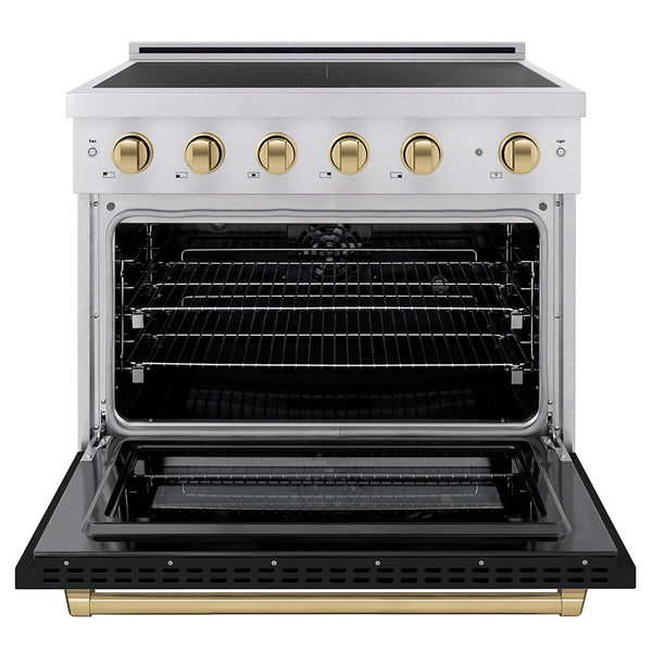 ZLINE Autograph Edition 36 in. 5.2 cu. ft. Paramount Induction Range with 5 Element Cooktop and Electric Convection Oven in Satin Stainless Steel with Black Matte Door and Champagne Bronze Accents, Open Box-Great Condition