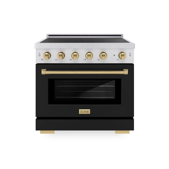 ZLINE Autograph Edition 36 in. 5.2 cu. ft. Paramount Induction Range with 5 Element Cooktop and Electric Convection Oven in Satin Stainless Steel with Black Matte Door and Champagne Bronze Accents, Open Box-Great Condition