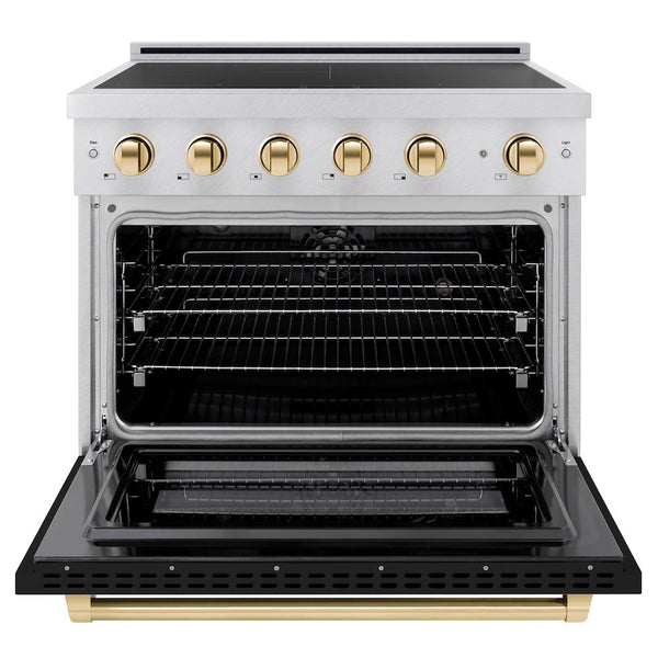 ZLINE Autograph Edition 36 in. 5.2 cu. ft. Paramount Induction Range with 5 Element Cooktop and Electric Convection Oven in Satin Stainless Steel with Black Matte Door and Polished Gold Accents, Open Box-Good Condition