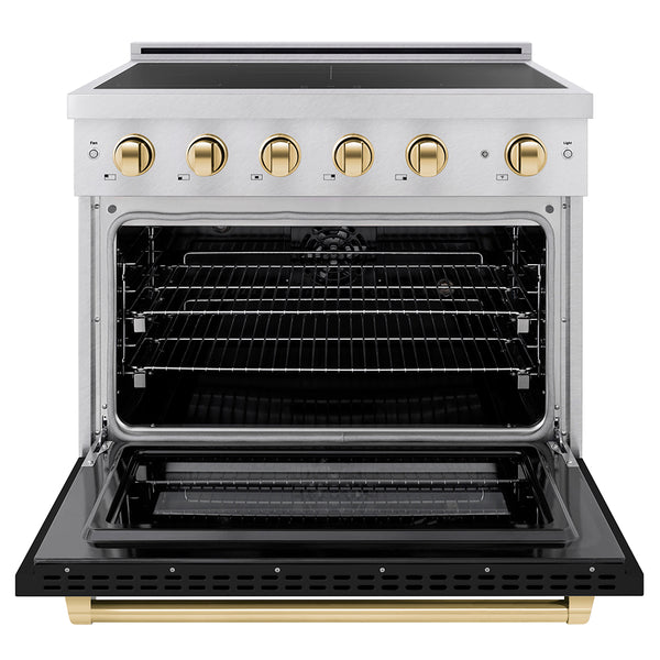 ZLINE Autograph Edition 36 in. 5.2 cu. ft. Paramount Induction Range with 5 Element Cooktop and Electric Convection Oven in Satin Stainless Steel with Black Matte Door and Polished Gold Accents, Open Box-Great Condition