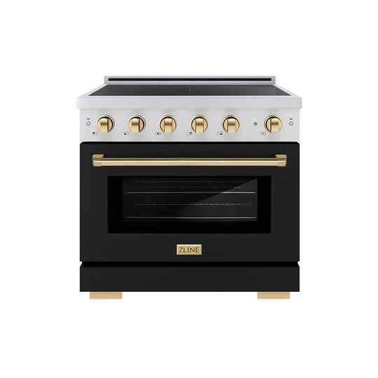 ZLINE Autograph Edition 36 in. 5.2 cu. ft. Paramount Induction Range with 5 Element Cooktop and Electric Convection Oven in Satin Stainless Steel with Black Matte Door and Polished Gold Accents (SINRSZ-BLM36-G)
