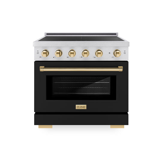 ZLINE Autograph Edition 36 in. 5.2 cu. ft. Paramount Induction Range with 5 Element Cooktop and Electric Convection Oven in Satin Stainless Steel with Black Matte Door and Polished Gold Accents, Open Box-Great Condition