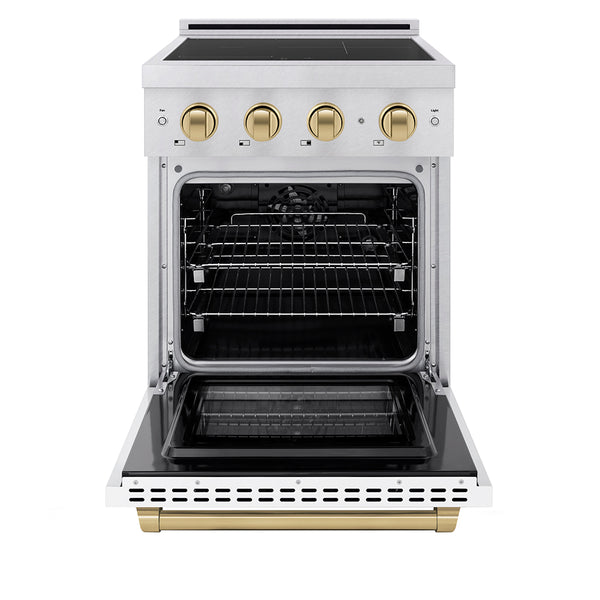 ZLINE Autograph Edition 24 in. 3.2 cu. ft. Paramount Induction Range with 3 Element Cooktop and Electric Convection Oven in Satin Stainless Steel with White Matte Door and Champagne Bronze Accents (SINRSZ-WM-24-CB)