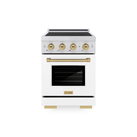 ZLINE Autograph Edition 24 in. 3.2 cu. ft. Paramount Induction Range with 3 Element Cooktop and Electric Convection Oven in Satin Stainless Steel with White Matte Door and Champagne Bronze Accents (SINRSZ-WM-24-CB)