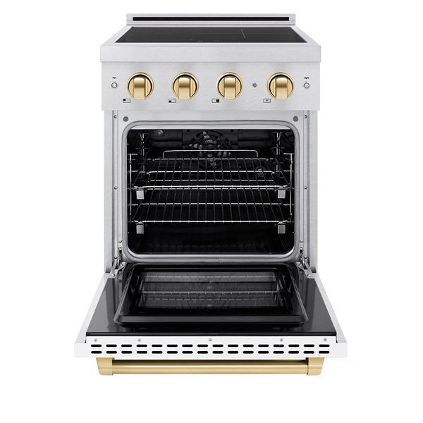 ZLINE Autograph Edition 24 in. 3.2 cu. ft. Paramount Induction Range with 3 Element Cooktop and Electric Convection Oven in Satin Stainless Steel with White Matte Door and Polished Gold Accents (SINRSZ-WM-24-G)