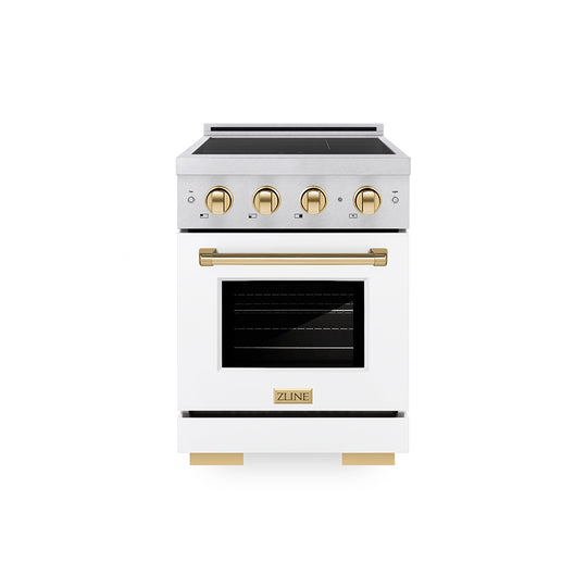 ZLINE Autograph Edition 24 in. 3.2 cu. ft. Paramount Induction Range with 3 Element Cooktop and Electric Convection Oven in Satin Stainless Steel with White Matte Door and Polished Gold Accents (SINRSZ-WM-24-G)