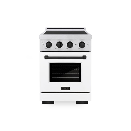 ZLINE Autograph Edition 24 in. 3.2 cu. ft. Paramount Induction Range with 3 Element Cooktop and Electric Convection Oven in Satin Stainless Steel with White Matte Door and Matte Black Accents (SINRSZ-WM-24-MB)