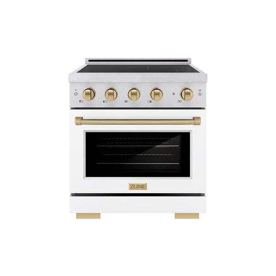 ZLINE Autograph Edition 30 in. 4.2 cu. ft. Paramount Induction Range with 4 Element Cooktop and Electric Convection Oven in Satin Stainless Steel with White Matte Door and Champagne Bronze Accents (SINRSZ-WM-30-CB)