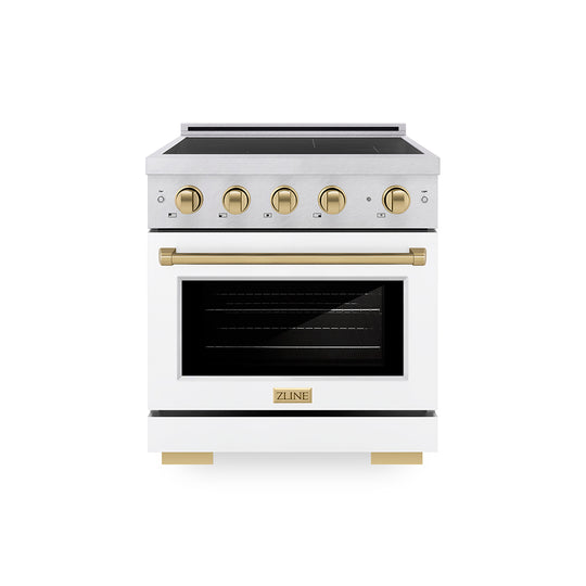 ZLINE Autograph Edition 30 in. 4.2 cu. ft. Paramount Induction Range with 4 Element Cooktop and Electric Convection Oven in Satin Stainless Steel with White Matte Door and Champagne Bronze Accents, Open Box-Great Condition