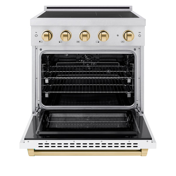 ZLINE Autograph Edition 30 in. 4.2 cu. ft. Paramount Induction Range with 4 Element Cooktop and Electric Convection Oven in Satin Stainless Steel with White Matte Door and Polished Gold Accents (SINRSZ-WM-30-G)