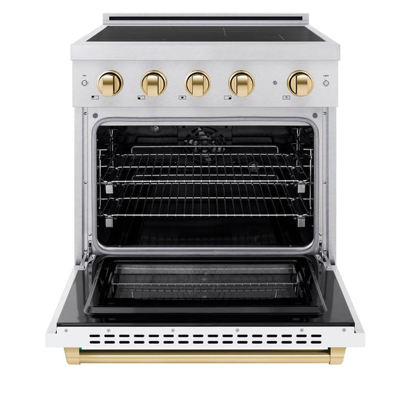 ZLINE Autograph Edition 30 in. 4.2 cu. ft. Paramount Induction Range with 4 Element Cooktop and Electric Convection Oven in Satin Stainless Steel with White Matte Door and Polished Gold Accents, Open Box-Good Condition