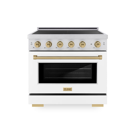 ZLINE Autograph Edition 36 in. 5.2 cu. ft. Paramount Induction Range with 5 Element Cooktop and Electric Convection Oven in Satin Stainless Steel with White Matte Door and Champagne Bronze Accents, Open Box-Great Condition