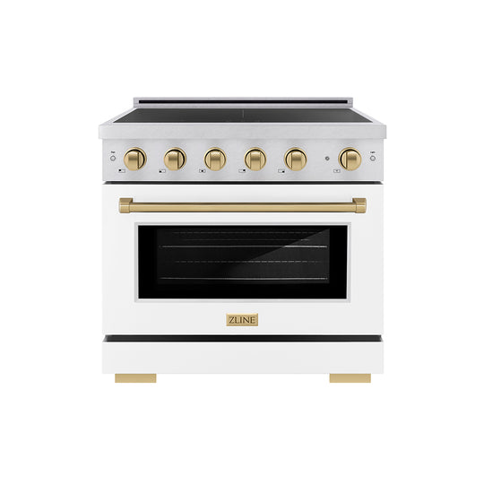 ZLINE Autograph Edition 36 in. 5.2 cu. ft. Paramount Induction Range with 5 Element Cooktop and Electric Convection Oven in Satin Stainless Steel with White Matte Door and Champagne Bronze Accents (SINRSZ-WM-36-CB)