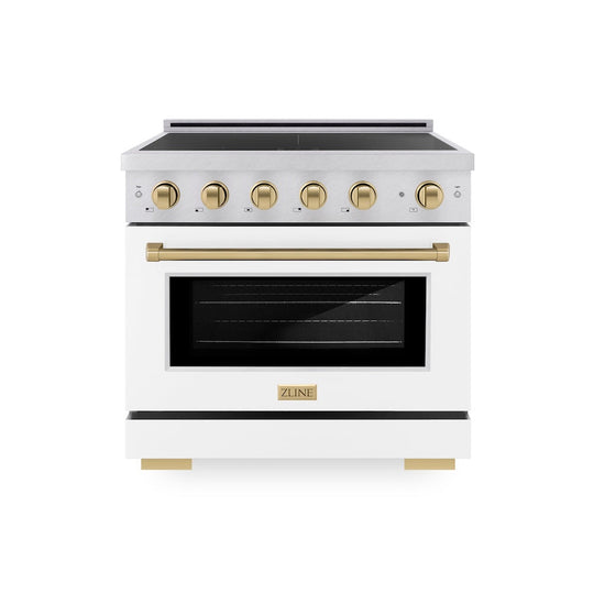 ZLINE Autograph Edition 36 in. 5.2 cu. ft. Paramount Induction Range with 5 Element Cooktop and Electric Convection Oven in Satin Stainless Steel with White Matte Door and Champagne Bronze Accents, Open Box-Good Condition