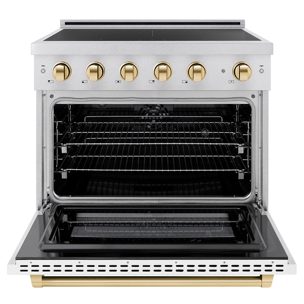 ZLINE Autograph Edition 36 in. 5.2 cu. ft. Paramount Induction Range with 5 Element Cooktop and Electric Convection Oven in Satin Stainless Steel with White Matte Door and Polished Gold Accents (SINRSZ-WM-36-G)