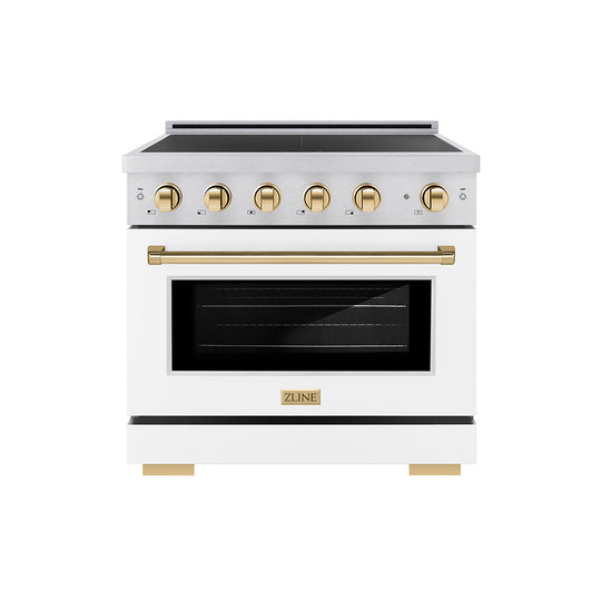 ZLINE Autograph Edition 36 in. 5.2 cu. ft. Paramount Induction Range with 5 Element Cooktop and Electric Convection Oven in Satin Stainless Steel with White Matte Door and Polished Gold Accents (SINRSZ-WM-36-G)