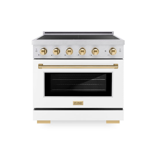 ZLINE Autograph Edition 36 in. 5.2 cu. ft. Paramount Induction Range with 5 Element Cooktop and Electric Convection Oven in Satin Stainless Steel with White Matte Door and Polished Gold Accents, Open Box-Good Condition