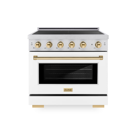 ZLINE Autograph Edition 36 in. 5.2 cu. ft. Paramount Induction Range with 5 Element Cooktop and Electric Convection Oven in Satin Stainless Steel with White Matte Door and Polished Gold Accents, Open Box-Great Condition