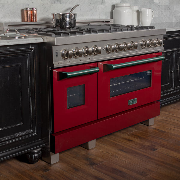 ZLINE 30 in. 4.0 cu. ft. Legacy Dual Fuel Range with 4 Burner Gas Cooktop and Electric Convection Oven in Satin Stainless Steel and Red Matte Door (RAS-RM-30)
