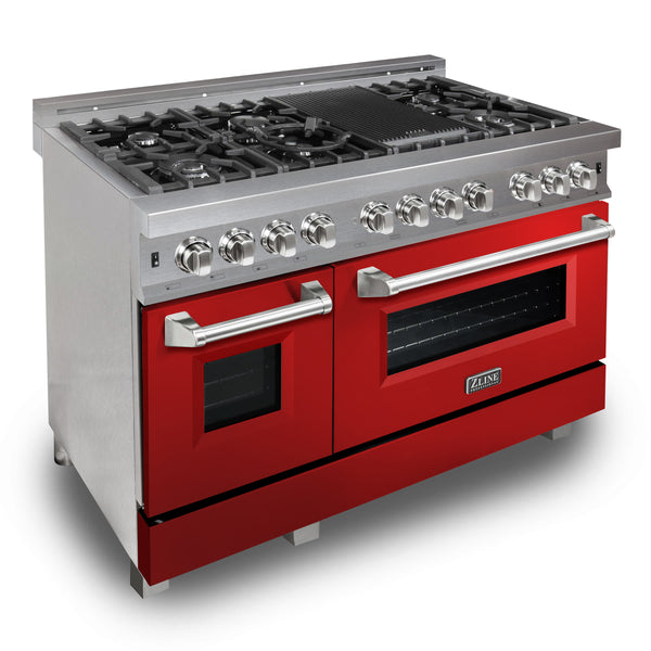 ZLINE 30 in. 4.0 cu. ft. Legacy Dual Fuel Range with 4 Burner Gas Cooktop and Electric Convection Oven in Satin Stainless Steel and Red Matte Door (RAS-RM-30)