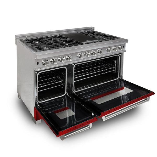 ZLINE 30 in. 4.0 cu. ft. Legacy Dual Fuel Range with 4 Burner Gas Cooktop and Electric Convection Oven in Satin Stainless Steel and Red Matte Door (RAS-RM-30)