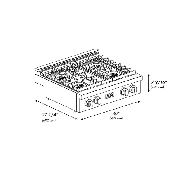 ZLINE Autograph Edition 30 in. Paramount Gas Rangetop with 4 Burner DuoPro™ Cooktop in Satin Stainless Steel and Polished Gold Accents (PSRTSZ-30-G)