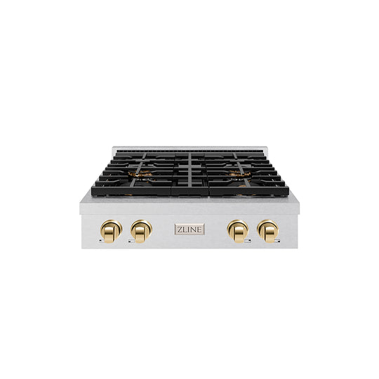 ZLINE Autograph Edition 30 in. Paramount Gas Rangetop with 4 Burner DuoPro™ Cooktop in Satin Stainless Steel and Polished Gold Accents (PSRTSZ-30-G)