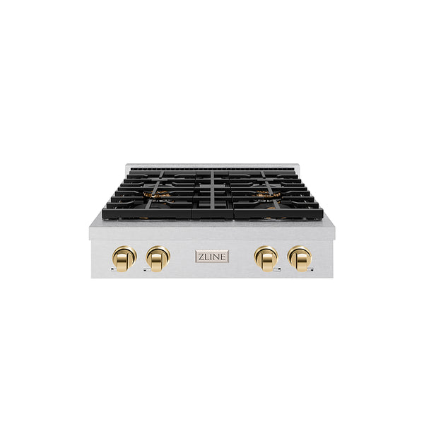 ZLINE Autograph Edition 30 in. Paramount Gas Rangetop with 4 Burner DuoPro™ Cooktop in Satin Stainless Steel and Polished Gold Accents (PSRTSZ-30-G)