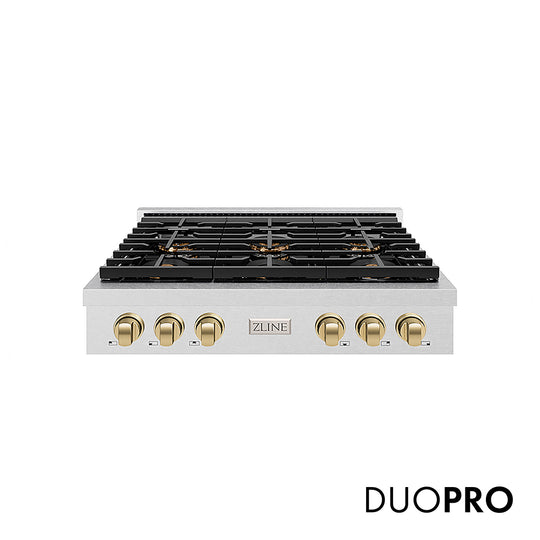 ZLINE Autograph Edition 36 in. Paramount Gas Rangetop with 6 Burner DuoPro™ Cooktop in Satin Stainless Steel and Champagne Bronze Accents, Open Box-Great Condition