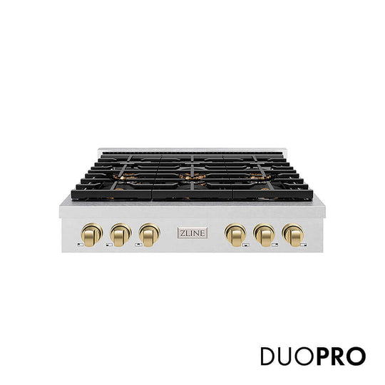 ZLINE Autograph Edition 36 in. Paramount Gas Rangetop with 6 Burner DuoPro™ Cooktop in Satin Stainless Steel and Champagne Bronze Accents, Open Box-Good Condition