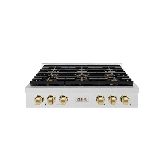 ZLINE Autograph Edition 36 in. Paramount Gas Rangetop with 6 Burner DuoPro™ Cooktop in Satin Stainless Steel and Champagne Bronze Accents (PSRTSZ-36-CB)