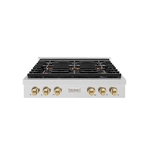 ZLINE Autograph Edition 36 in. Paramount Gas Rangetop with 6 Burner DuoPro™ Cooktop in Satin Stainless Steel and Champagne Bronze Accents, Open Box-Great Condition