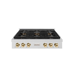 ZLINE Autograph Edition 36 in. Paramount Gas Rangetop with 6 Burner DuoPro™ Cooktop in Satin Stainless Steel and Polished Gold Accents (PSRTSZ-36-G)