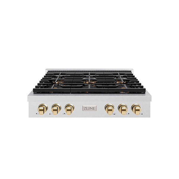 ZLINE Autograph Edition 36 in. Paramount Gas Rangetop with 6 Burner DuoPro™ Cooktop in Satin Stainless Steel and Polished Gold Accents, Open Box-Good Condition