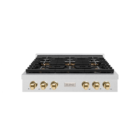 ZLINE Autograph Edition 36 in. Paramount Gas Rangetop with 6 Burner DuoPro™ Cooktop in Satin Stainless Steel and Polished Gold Accents (PSRTSZ-36-G)