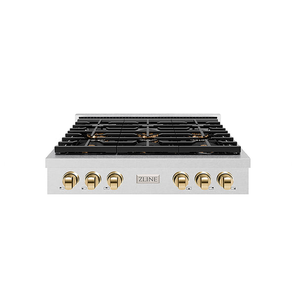 ZLINE Autograph Edition 36 in. Paramount Gas Rangetop with 6 Burner DuoPro™ Cooktop in Satin Stainless Steel and Polished Gold Accents, Open Box-Great Condition