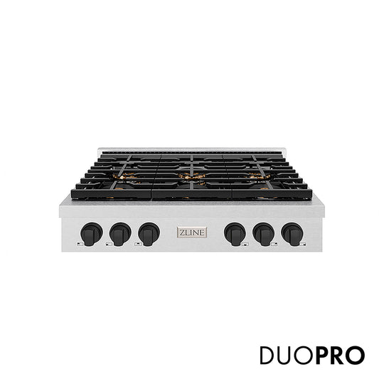 ZLINE Autograph Edition 36 in. Paramount Gas Rangetop with 6 Burner DuoPro™ Cooktop in Satin Stainless Steel and Matte Black Accents, Open Box-Great Condition