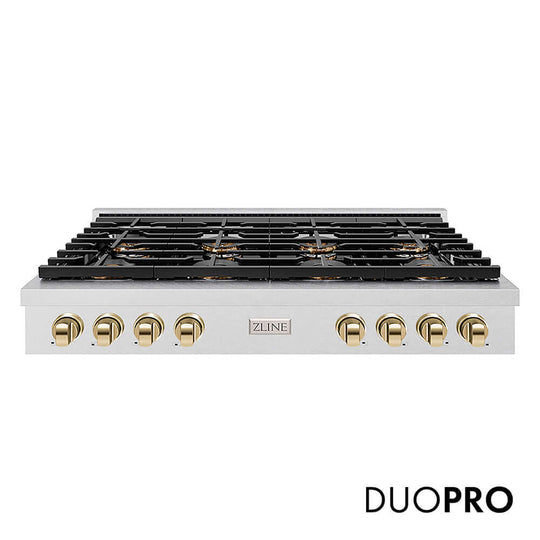 ZLINE Autograph Edition 48 in. Paramount Gas Rangetop with 8 Burner DuoPro™ Cooktop in Satin Stainless Steel and Polished Gold Accents, Open Box-Good Condition