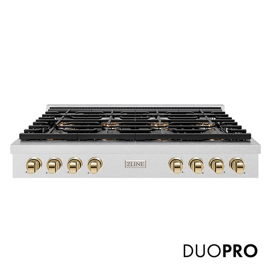 ZLINE Autograph Edition 48 in. Paramount Gas Rangetop with 8 Burner DuoPro™ Cooktop in Satin Stainless Steel and Polished Gold Accents, Open Box-Great Condition