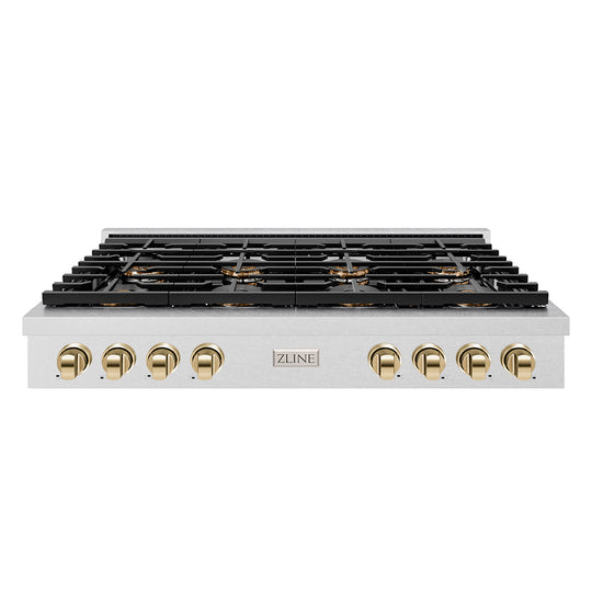 ZLINE Autograph Edition 48 in. Paramount Gas Rangetop with 8 Burner DuoPro™ Cooktop in Satin Stainless Steel and Polished Gold Accents (PSRTSZ-48-G)