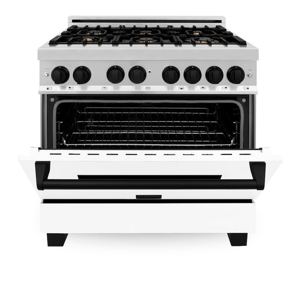 ZLINE Autograph Edition 36 in. 4.6 cu. ft. Legacy Dual Fuel Range with 6 Burner Gas Cooktop and Electric Convection Oven in Stainless Steel with White Matte Door and Matte Black Accents, Open Box-Great Condition