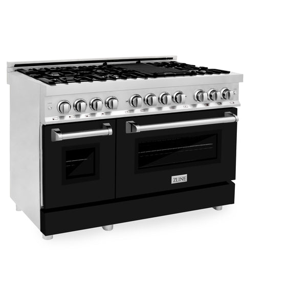 ZLINE 48 in. 6.0 cu. ft. Legacy Dual Fuel Range with 7 Burner Gas Cooktop and 2 Electric Ovens in Stainless Steel and Black Matte Doors (RA-BLM-48)